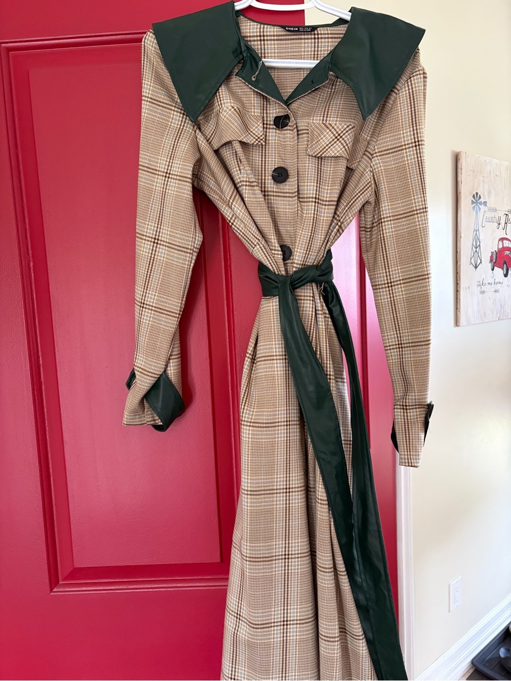 SHEIN Tan Plaid Trench Coat with Dark Green Faux Leather Trim